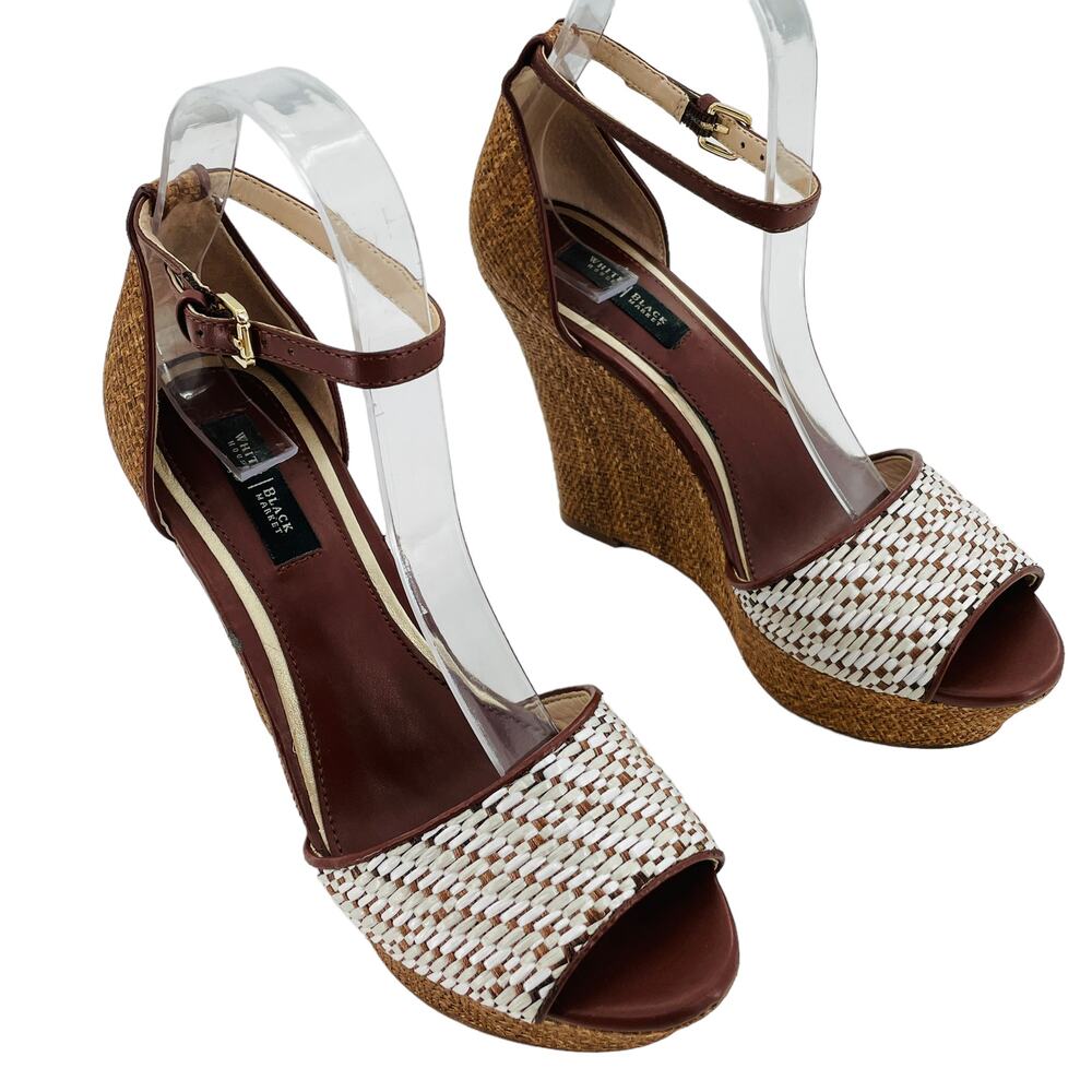 White House Black Market White Woven Brown Boho Casual Wedge Heel Sandals 7.5